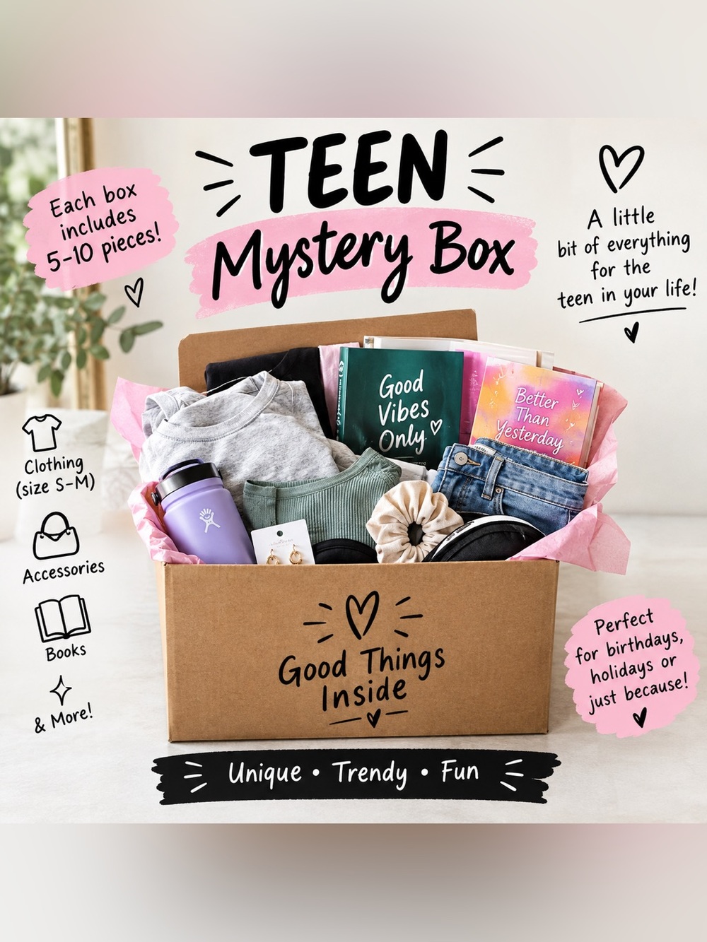 Teen Mystery Box 5-10 Items - Size S/M Clothing, Books, Accessories, and More!